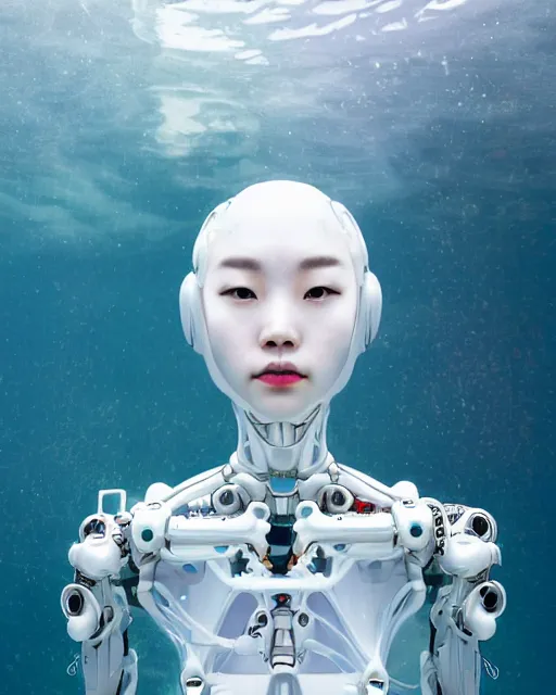 Image similar to beautiful centered fine art photo portrait of hoyeon jung as a solarpunk robotic humanoid, half body above water, white mechanical parts with led lights, ultra - realistic and detailed, white background, natural lighting, soft focus, slow exposure hdr 8 k