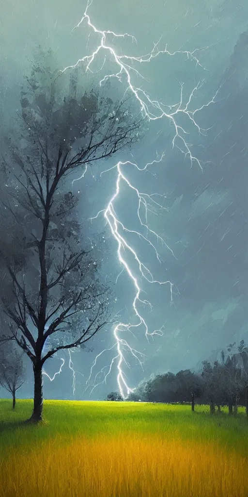 Image similar to lightning strikes a tree in the middle of a field, painting By Alena Aenami,