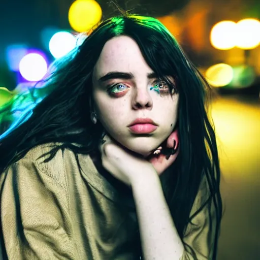 Image similar to beautiful billie eilish in the street, explosion of neon lights, close up, 5 0 mm lens, model photography detailed realistic