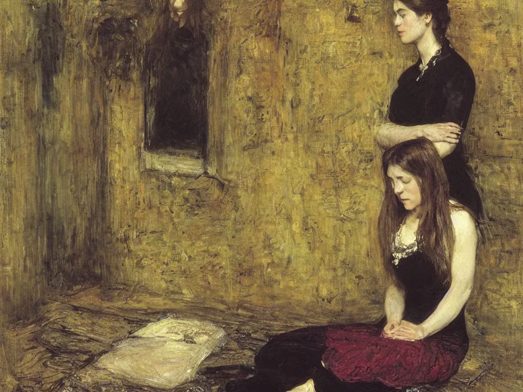 Prompt: Beautiful woman seated in meditation posture. Painting by John Everett Millais