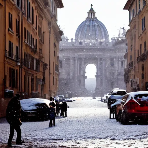 Image similar to The city of Rome under the snow on August. It's snowing everywhere on the entire cityscape of Rome under a blue sky and a very hot sun. It's crazy hot with red flames everywhere but also very big snowflakes. People wear swimsuits and are very puzzled.