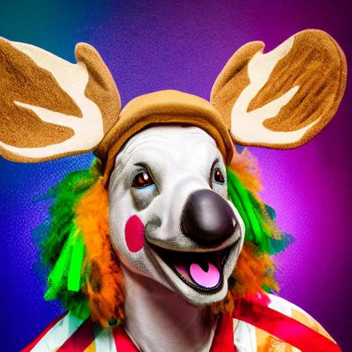 Image similar to a photo realistic moose dressed as a clown, 8 k, high detail, 8 0 mm, good lighting