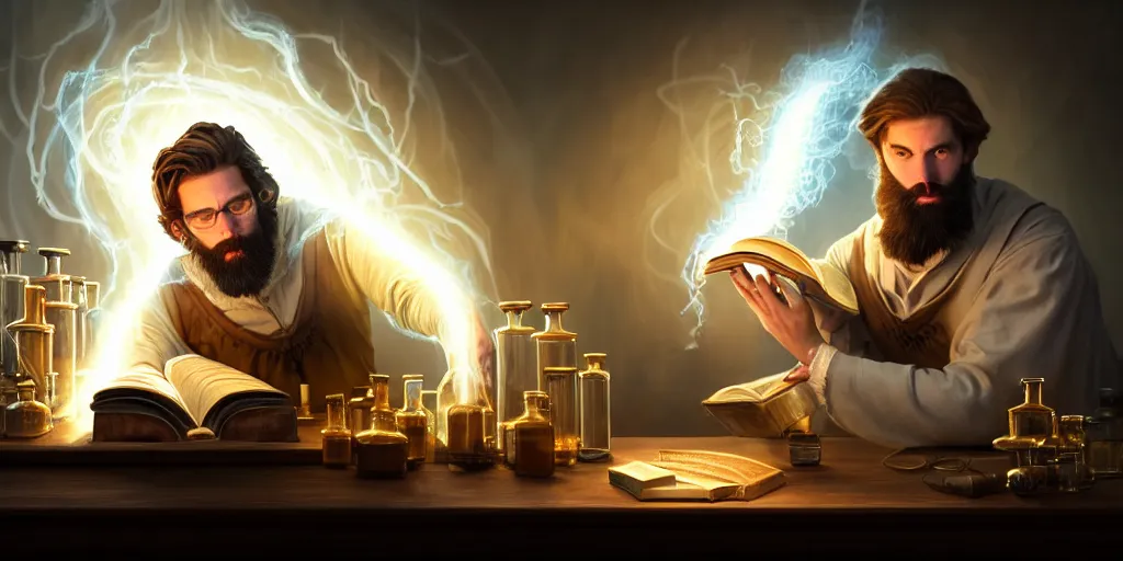 Image similar to a handsome bearded caucasian male sorcerer with brown hair he is casting a spell from a open book on the table, he is in a alchemist lab filled with beakers and equipment, neutral pose, epic composition, 4 k, light rays, super coherent, by dave melvin 1. 0 | dan luvisi 2. 0 | greg rutkowski 0. 5