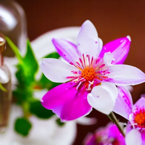 Prompt: perfume bottle sitting on a white surface surrounded by a plethora of deep - pink dew - drop flowers, bright white realistic, up close shot, white background, zen, light, modern minimalist f 2 0