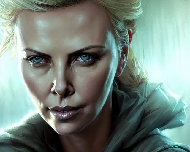 Image similar to highly detailed portrait of charlize theron, in the walking dead, stephen bliss, unreal engine, fantasy art by greg rutkowski, loish, rhads, ferdinand knab, makoto shinkai and lois van baarle, ilya kuvshinov, rossdraws, tom bagshaw, global illumination, radiant light, detailed and intricate environment