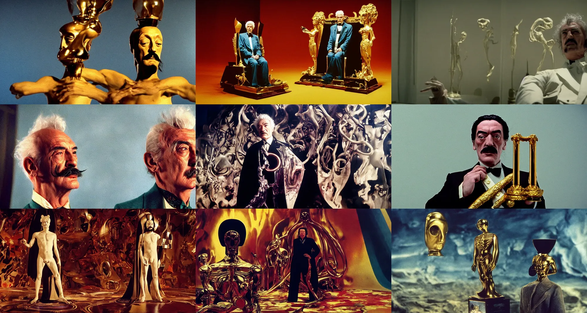 Prompt: the full body portrait of ( ( ( ( ( ( salvador dali ) ) ) ) ) ) ) as emperor of universe | still frame from the movie by quentin tarantino with cinematogrophy of christopher doyle and art direction by hans giger, anamorphic lens, 8 k, low key light, 3 5 mm film