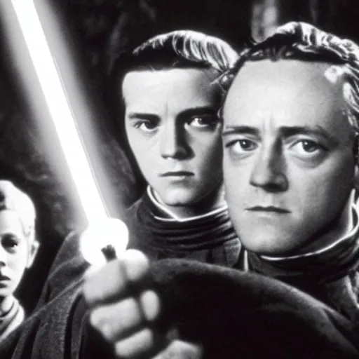 Prompt: film still of young alec guiness and young sebastian shaw as jedis in new star wars movie, dramatic lighting, highly detailed face, kodak film, wide angle shot,