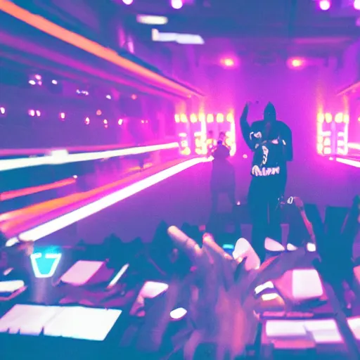 Prompt: a rapper concert in a retrowave setting, nighttime, octane