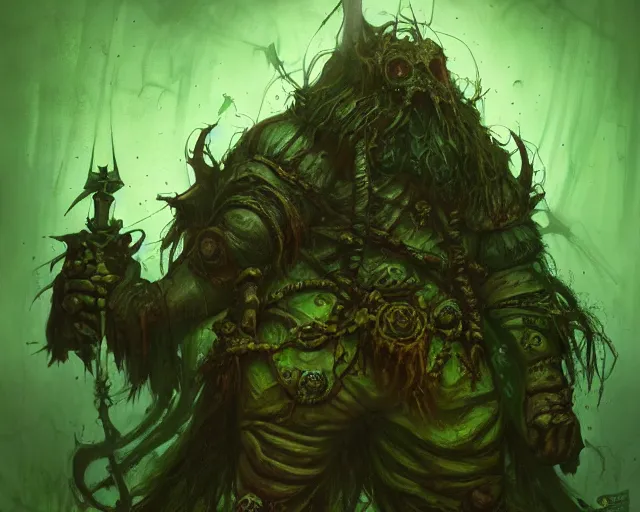 Prompt: wide shot of a cultist of nurgle, green and brown colours, bottom up green lighting, rotting, deep focus, d & d, fantasy, intricate, grim, highly detailed, digital painting, artstation, concept art, matte, sharp focus, illustration, hearthstone, art by artgerm and greg rutkowski and alphonse mucha