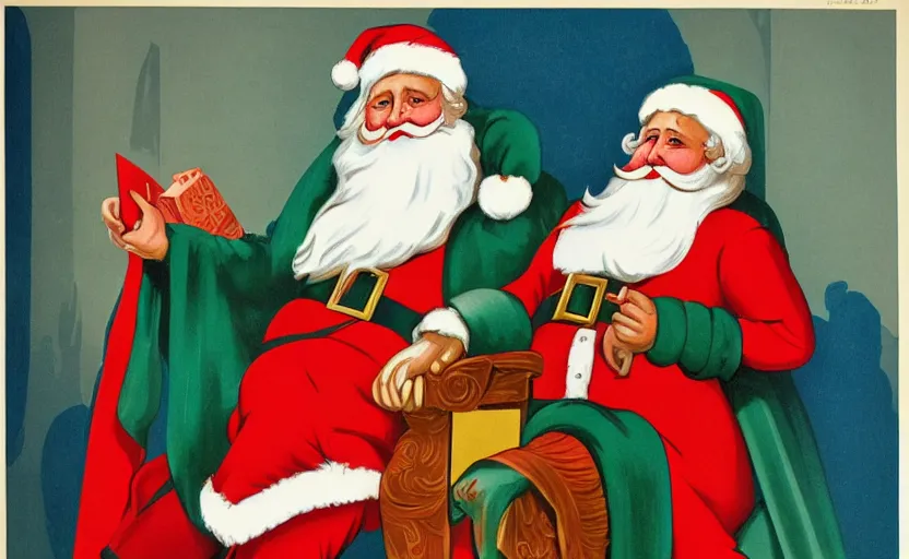 Prompt: color art deco lithograph of santa clause by adolphe millot