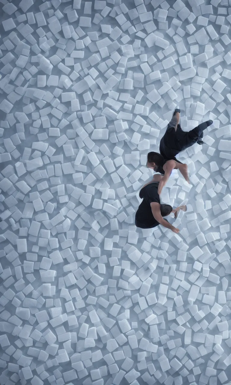 Image similar to POV top-down photo of my diverse arms digging inside an impossible aerogel portal containing a stack of aerogel pads/tablets with handles and knurling grip and node-based visual programming language, scale model floating in midair in front of me: brilliant daylight emerging from the thick fog, Leica 8K still from an A24 film