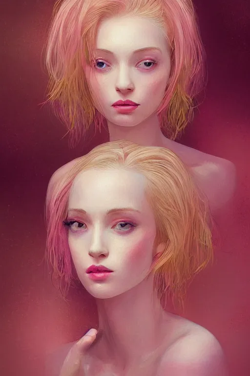 Image similar to “Portrait of a Beautiful pale skin female with short pink hair, elegant, digital painting, highly detailed, artstation, concept art, smooth, sharp focus, gold, neon lighting, illustration, art by Klimt and Ayami Kohima .”