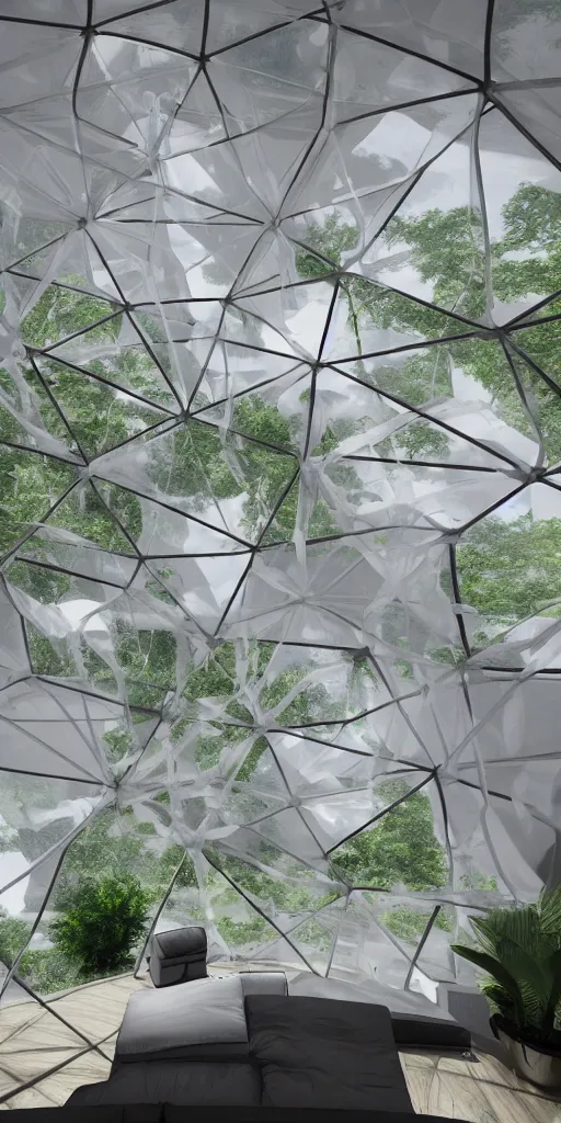 Prompt: inside an inflatable geodesic home. The inflatable fabric is translucent white with black stitching. A tall living room and kitchen with plants. The walls bulge with the inflated pressure. The mesh fabric has a strong texture. The inflatable has a cellular geometry. Architectural photography. Unreal engine, 4K, 8k. Volumetric Lighting