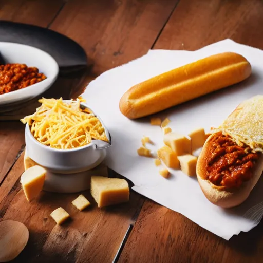 Image similar to photo of a white dog eating a chili dog with cheese, 50mm, beautiful photo