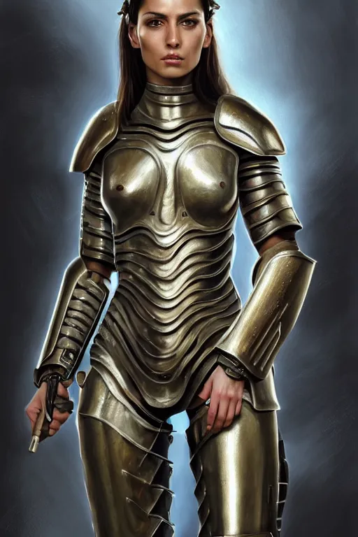 Image similar to a photo-realistically painted portrait of an attractive young woman, partially clothed in metal-plated battle armor, abstract background, flawless olive skin, fair complexion, long dark hair, beautiful bone structure, perfectly symmetric facial features, perfect photorealistic eyes, natural physique, intricate, elegant, digital painting, concept art, finely detailed, beautifully illustrated, sharp focus, minimal artifacts, volumetric lighting, from Metal Gear, by Ruan Jia and Mandy Jurgens and Artgerm and William-Adolphe Bouguerea, in the style of Greg Rutkowski, trending on Artstation, award winning art