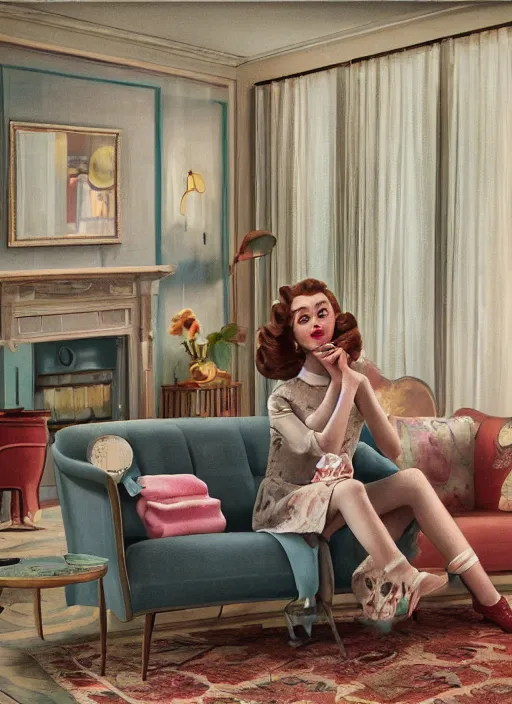 Prompt: wide - angle portrait of a retro 1 9 5 0 s living room, depth of field, zeiss lens, detailed, symmetrical, centered, fashion photoshoot, by nicoletta ceccoli, mark ryden, lostfish, breathtaking, 8 k resolution, extremely detailed, beautiful, establishing shot, artistic, hyperrealistic, octane render