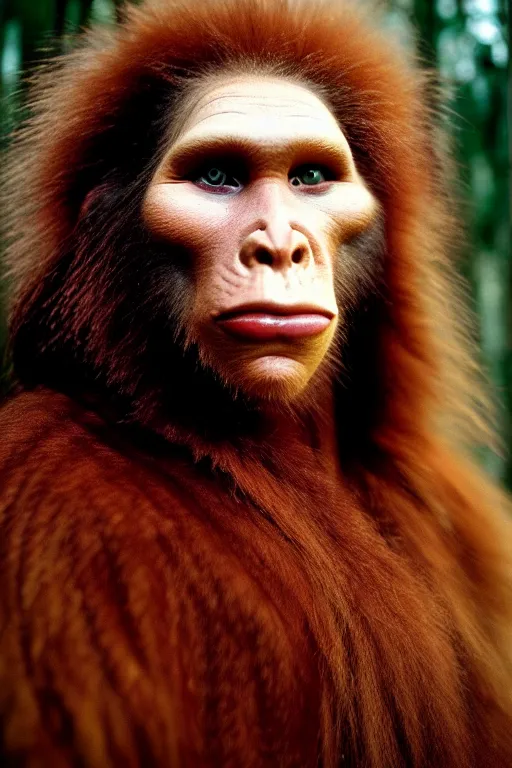 Image similar to a professional portrait photo of a neanderthal woman forest, dirty face, ginger hair and fur, extremely high fidelity, natural lighting, still from the movie quest for fire