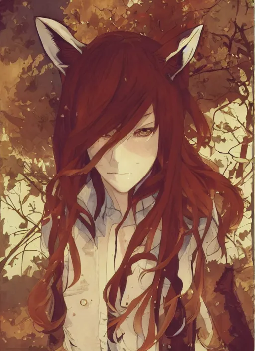 Image similar to illustration by shigenori soejima, by tatsuki fujimoto, by yoji shinakawa, tired girl with fox ears, long wavy orange hair, light brown trenchcoat, forest background, focus on face, pretty, moody lighting, painterly