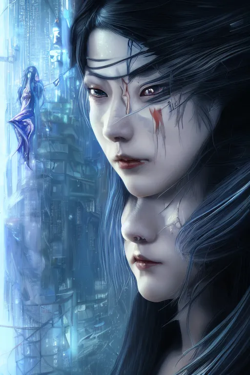 Image similar to beautiful magician and evil and stuunning and mythical female ninja portrait+shiny eyes+light flowing hair, in cyberpunk night ruin tokyo temple, ultradetail face, art and illustration by tian zi and craig mullins and WLOP and alphonse mucha, rim lght, fantasy, intricate complexity, human structure, fantasy world concept, watermark, blurry, hyperrealism 8k