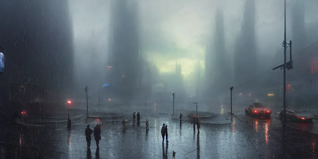 Prompt: A landscape with a dystopian city, rain, puddles, oil, people are talking in the foreground, volumetric lighting, ray lighting from top of frame, crepuscular ray lighting from above, dynamic lighting, muted colors, by Greg rutkowski, thomas kinkade, Andreas rocha, john howe, pixar, f16, hd, 4k