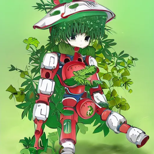 Image similar to cute robot made of plants wearing tomato hat and a chive sword, shoujo shuumatsu ryoku style