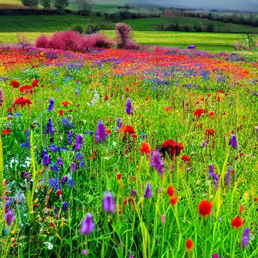 Image similar to photograph of a farm of colourful wildflowers, spring season, atmospheric