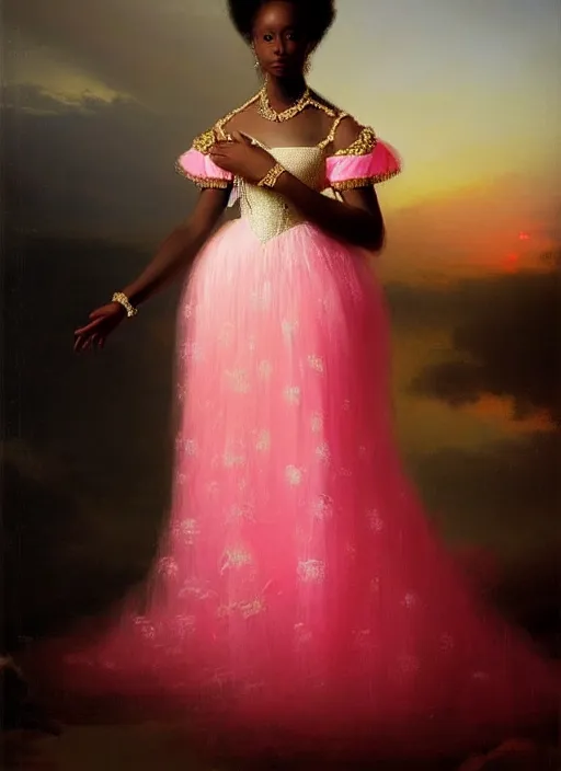 Image similar to stunning african princess, detailed pink and white protea inspired gown against a black backdrop by ivan aivazovsky, wlop, oil painting, beautiful soft lighting, vintage, rococo, muted colours, artstation