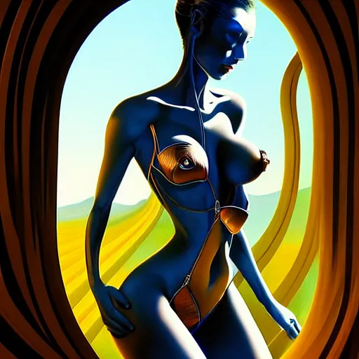 Prompt: beautiful woman entering a tunnel, walking with swagger, blue sky, art by peter lloyd 1 9 8 0, airbrush style, art by hajime sorayama,, intricate, elegant, sharp focus, illustration, highly detailed, concept art, matte, sharp focus, illustration, highly detailed, concept art, h 6 4 0