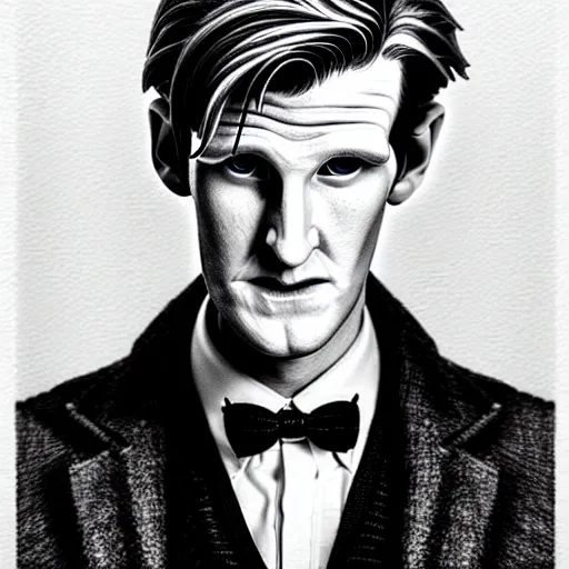 Image similar to beautiful lifelike award winning pencil illustration of the 1 1 th doctor matt smith cinematic atmospheric, highly detailed, beautiful and realistic face