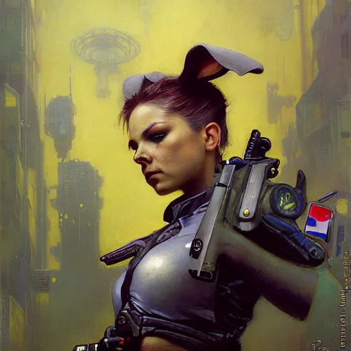 Image similar to portrait of a female grey bunny in a police uniform. shadowrun furaffiniy cyberpunk fantasy highly detailed painting by gaston bussiere craig mullins jc leyendecker gustav klimt artgerm greg rutkowski john berkey, bergey, craig mullins, ruan jia, raymond swanland, jeremy mann, tom lovell, alex malveda