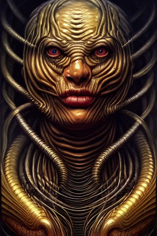 Prompt: majestic god millipede hybrid portrait, doom, sf, intricate artwork masterpiece, ominous, matte painting, golden ratio, trending on cgsociety, intricate, epic, trending on artstation, by artgerm, h. r. giger and daarken and beksinski, highly detailed, vibrant, production cinematic character render, ultra high quality model