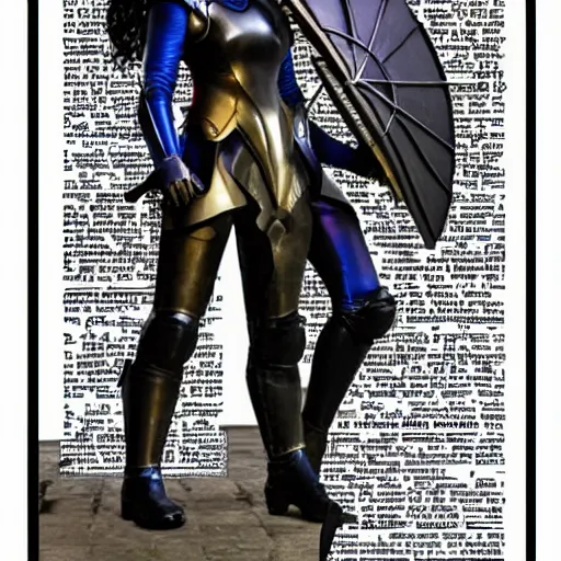 Image similar to Katie McGrath as Morgana wearing a suit of medieval-style magic power armor