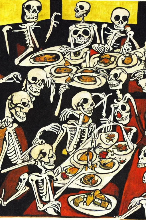 Prompt: scene from a dinner party, skeletons eating their brains out at a long table, queen in black silk in the center painting by oskar kokoschka