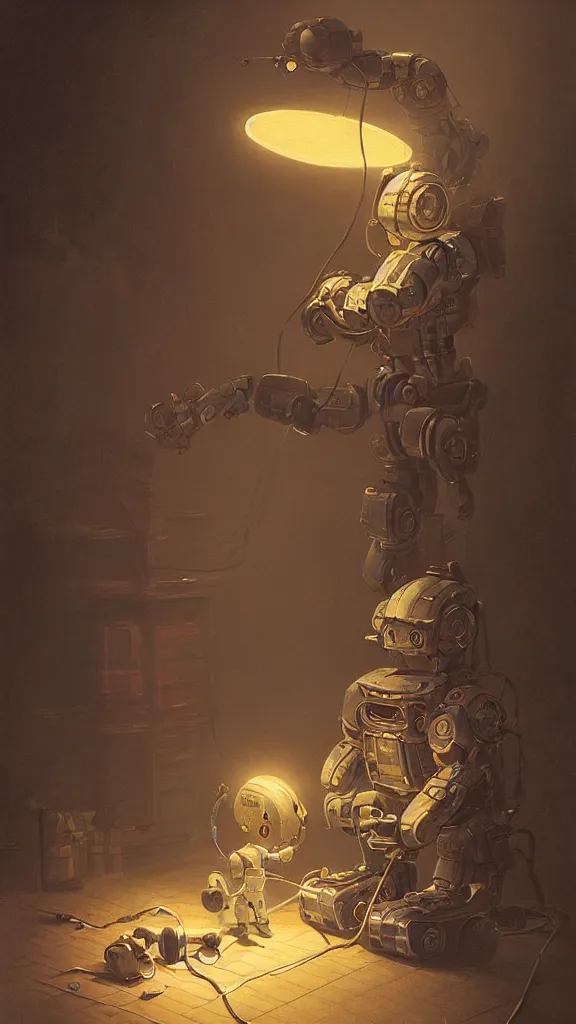 Prompt: a kid robot fixing his toy, style of claudio bravo, greg rutkowski, mattias adolfsson and moebious, 3 5 mm, [ volumetric lighting ], neon lights, high angle, depth of field, black background, intricate, detailed, oil painting + digital painting