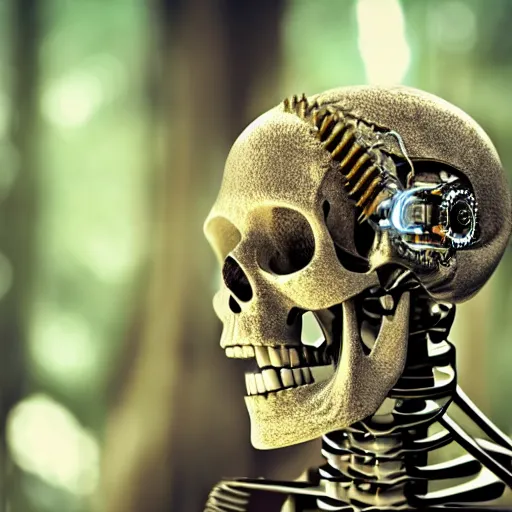 Image similar to very detailed portrait 55mm photo of a mechanical skeleton with crystal innards and optic fiber nerves, gears in his head and cybernetic enhancements in it's skull. In the forest with bokeh.