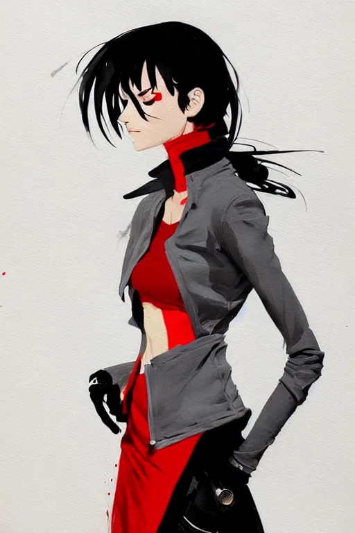 Image similar to a ultradetailed painting of a stylish woman wearing a grey jacket with red skirt, by conrad roset, greg rutkowski and makoto shinkai trending on artstation