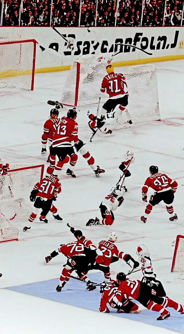 Image similar to 3 5 mm photograph of the new jersey devils hockey team scoring goals, realistic, highly detailed, color