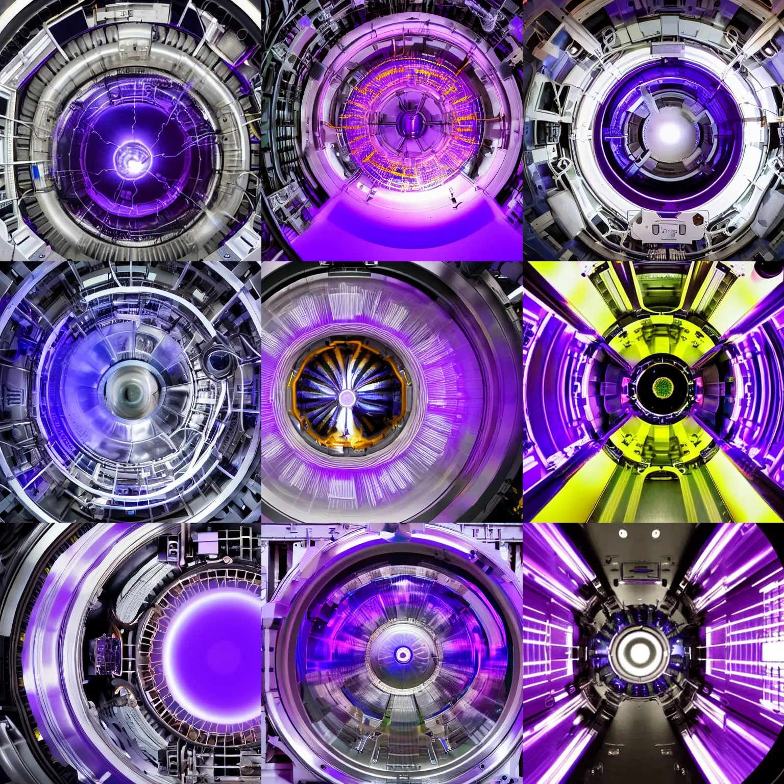 Prompt: inside of fusion reactor chamber, purple plasma