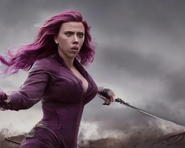 Image similar to Scarlett Johansson in epic knife battle pose, cinematic, 4k, hyper realistic, super detailed, purple hair