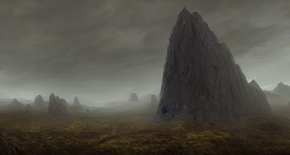 Prompt: A hyper realistic matte painting of a massive glowing alien black monolith with glowing engraved inscriptions in an ominous sky over an eerie wilderness at twilight by Christophe Vacher and Gregory Crewdson. Subject in view, golden ratio composition, moody volumetric lighting, very wide shot, f11:10,ground mist, trending on artstation and cgsociety