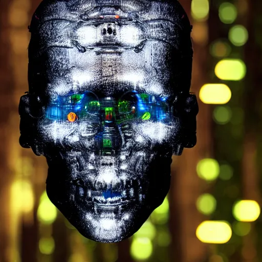 Image similar to extremely detailed portrait of a terminator's head, packed with cybernetics and and borg enhancements and has lit optic fibers inside. In a forest with bokeh. No plating.