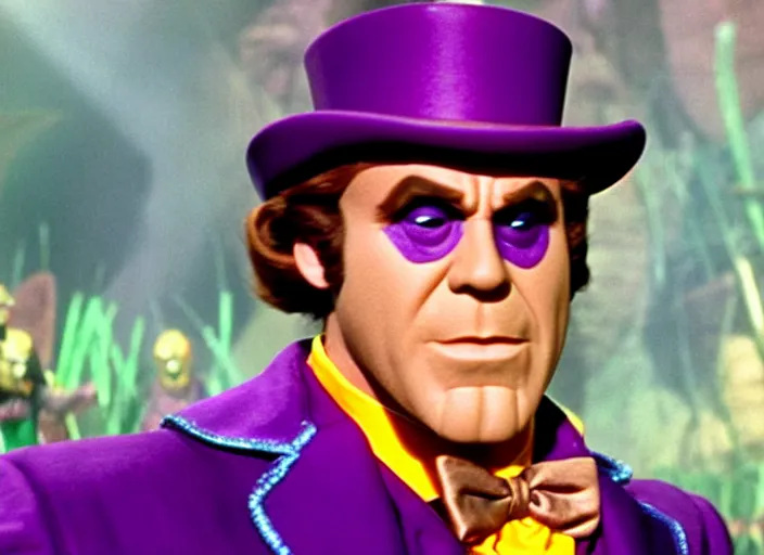 Image similar to film still of thanos as willy wonka in willy wonka and the chocolate factory 1 9 7 1