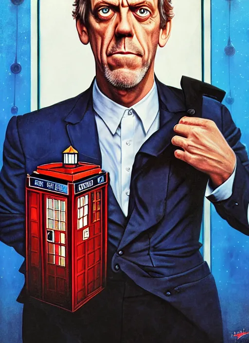Image similar to portrait of hugh laurie standing next to the tardis from doctor who, portrait, pixar style, by tristan eaton stanley artgerm and tom bagshaw.