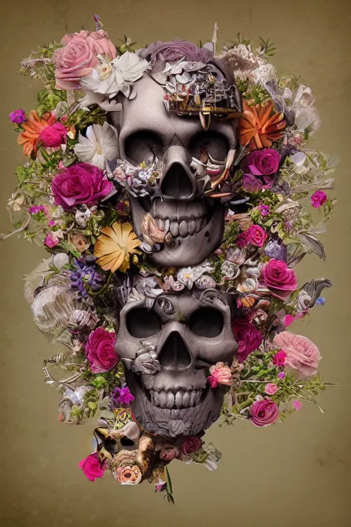 Image similar to zoom in 3 d render of cyborg skull made of flowers holding birds, ornaments, mucha vibe, dieselpunk, solarpunk, artstation, andrei riabovitchev