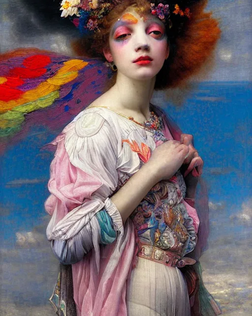 Image similar to a beautiful girl in the clouds wearing colourful face paint surrounded by colourful intricate patterns, by edgar maxence and caravaggio and michael whelan, intricate painting, hyper realistic, extremely detailed and beautiful aesthetic face, 8 k resolution