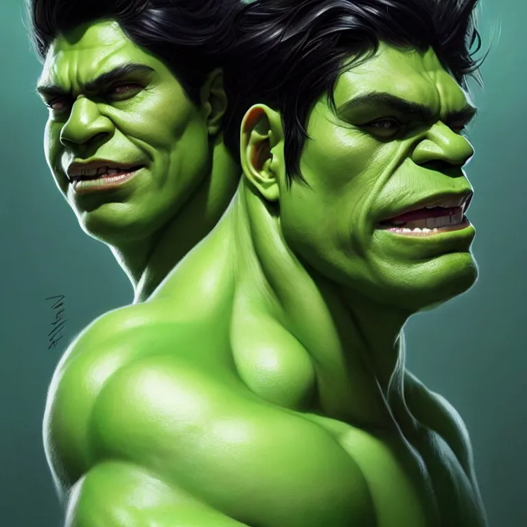 Image similar to portrait of gender neutral hulk, black hair, green eyes, elegant, real life skin, intricate artwork, high detailed, artstation, concept art, smooth, sharp focus, art by artgerm and greg rutkowski @ ruprechy