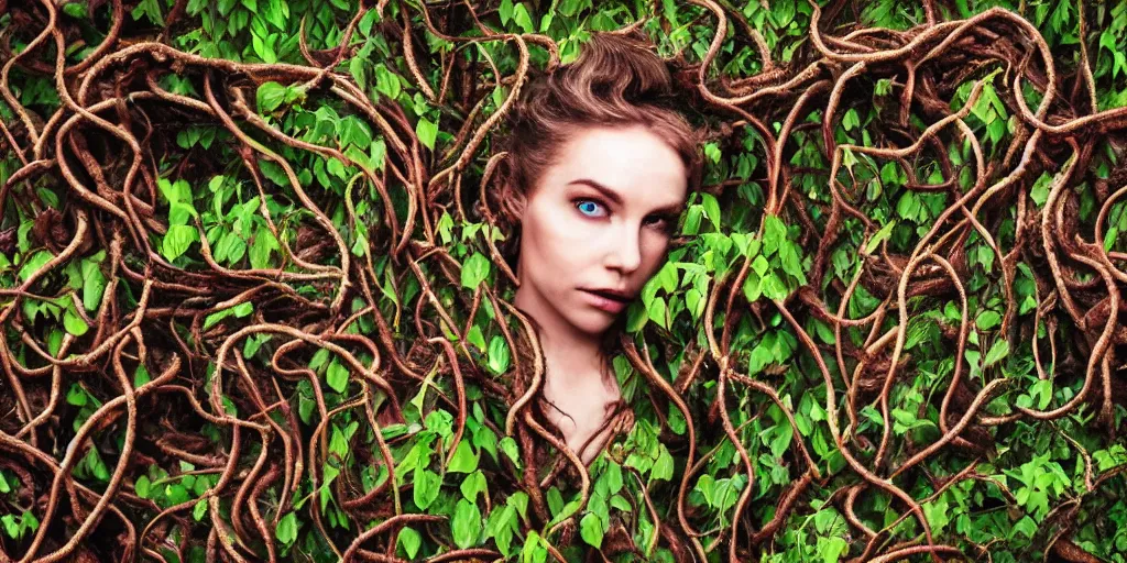 Image similar to queen of snakes, rotting crown of vines, detailed face, piercing green eyes and blue skin