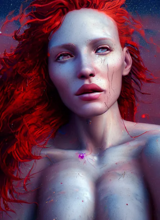 Prompt: hyperrealistic mixed media painting of a beautiful woman in a desolate landscape, stunning 3d render inspired art by P. Craig Russell and Barry Windsor-Smith + perfect facial symmetry + dim volumetric lighting, vibrant red hair, foggy, abstract, 8k octane beautifully detailed render, post-processing, extremely hyperdetailed, intricate, epic composition, grim yet sparkling atmosphere, cinematic lighting + masterpiece, trending on artstation, very very detailed