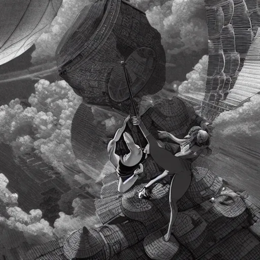 Image similar to rpg character concept art, three people doing acroyoga while floating in space, intricate detail, in the style of jamie hewlett hiroya oku riyoko ikeda, 3 d render, artstation trending, 8 k, octane render, photorealistic, sharp detail, manga, black and white