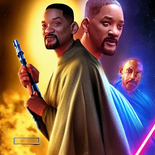 Image similar to will smith as a jedi, starwars, hyper detailed, digital art, trending in artstation, cinematic lighting, studio quality, smooth render, unreal engine 5 rendered, octane rendered